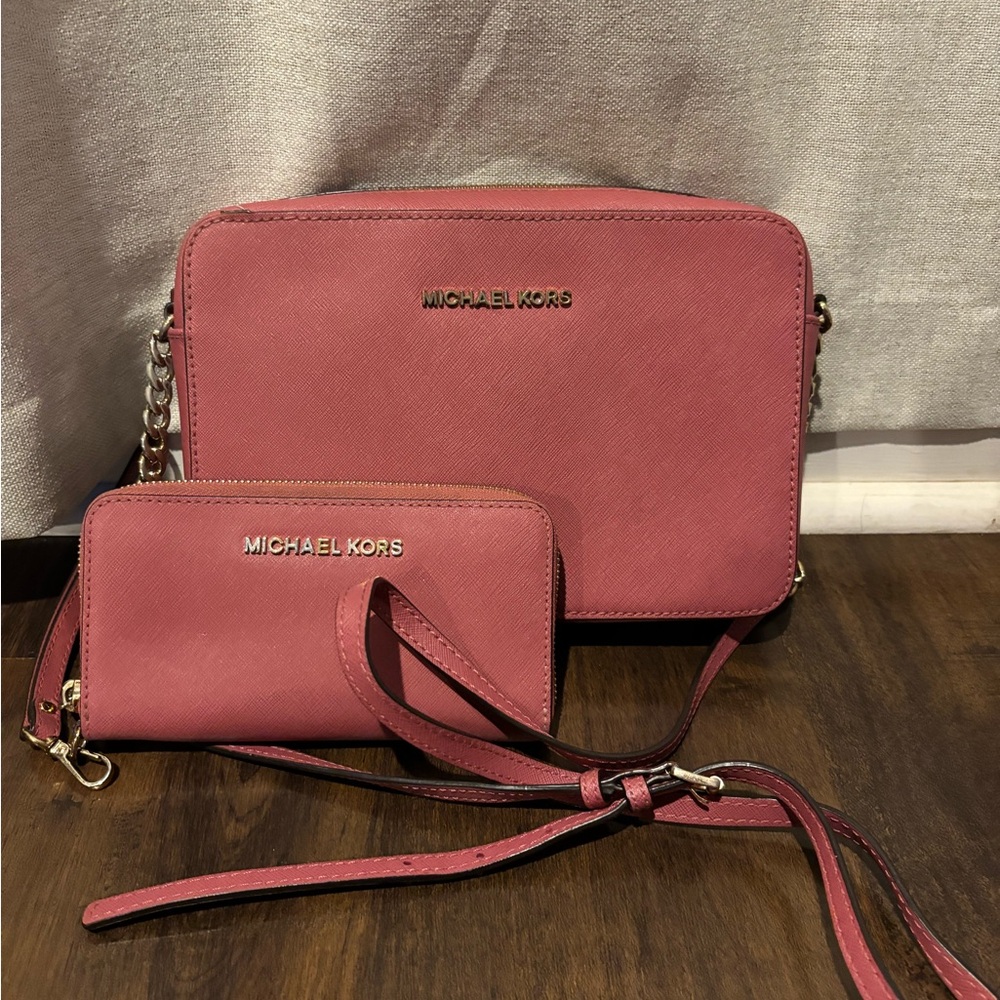 Michael Kors Rose Pink Saffiano Crossbody with Matching Wristlet